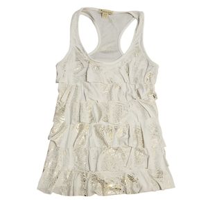 Twentyone Ruffled Front White with Gold Glitter Racerback Tank Top